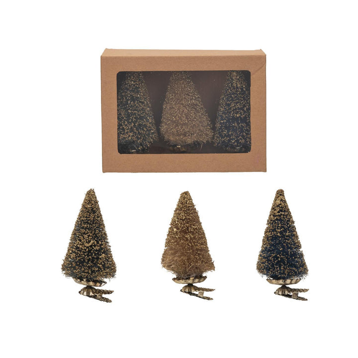 Sisal Bottle Brush Tree Clip-On Ornament w/ Glitter, Boxed Set of 3